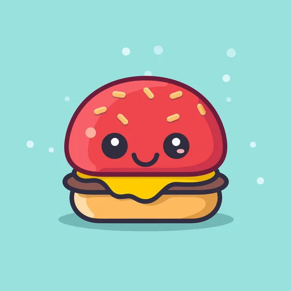 Carino Yummy Kawaii Hamburger Chibi Mascotte Vettore Stile Cartone Animato — Vettoriale Stock