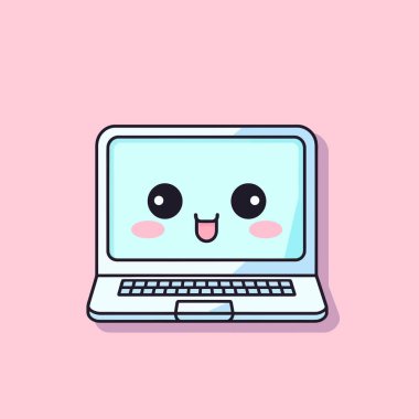 Şirin kawaii laptop chibi maskot vektör çizgi film stili