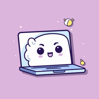 Şirin kawaii laptop chibi maskot vektör çizgi film stili