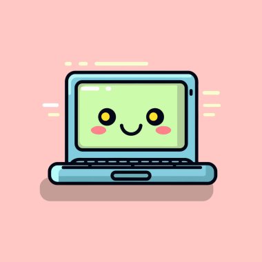 Şirin kawaii laptop chibi maskot vektör çizgi film stili