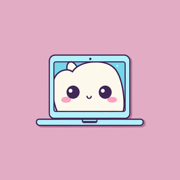 Cute Kawaii笔记本电脑Chibi吉祥物向量卡通风格 — 图库矢量图片