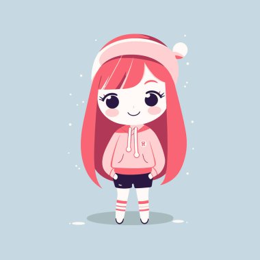 Şirin kawaii kızı Chibi maskot vektör çizgi film stili