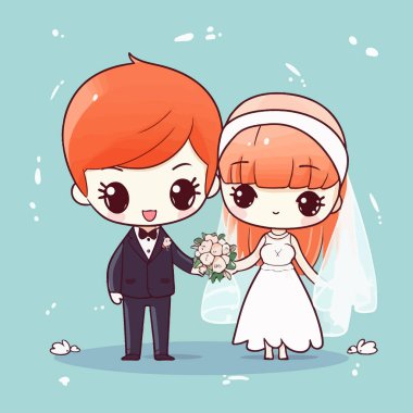 Şirin kawaii düğünü Chibi maskotu vektör karikatür tarzı evlilik