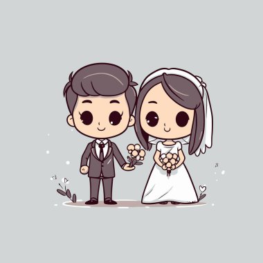 Şirin kawaii düğünü Chibi maskotu vektör karikatür tarzı evlilik