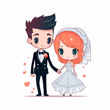Şirin kawaii düğünü Chibi maskotu vektör karikatür tarzı evlilik