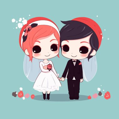 Şirin kawaii düğünü Chibi maskotu vektör karikatür tarzı evlilik