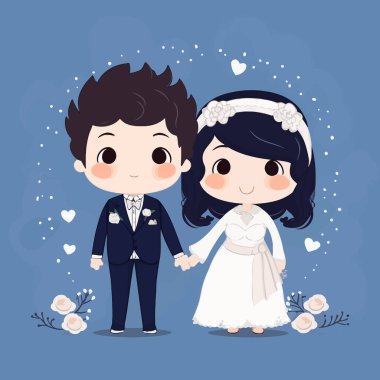 Şirin kawaii düğünü Chibi maskotu vektör karikatür tarzı evlilik