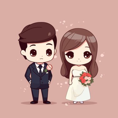 Şirin kawaii düğünü Chibi maskotu vektör karikatür tarzı evlilik