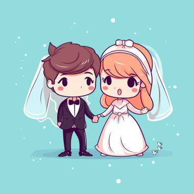 Şirin kawaii düğünü Chibi maskotu vektör karikatür tarzı evlilik
