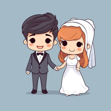 Şirin kawaii düğünü Chibi maskotu vektör karikatür tarzı evlilik