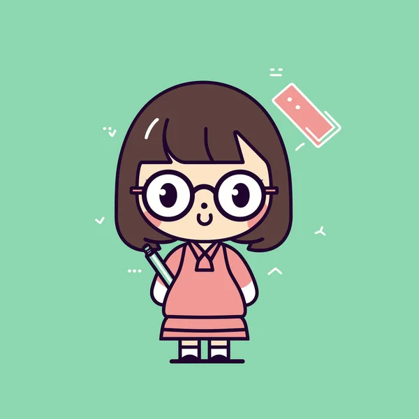 Cute Kawaii Teacher Chibi Mascot Vector Cartoon Style — Stock Vector