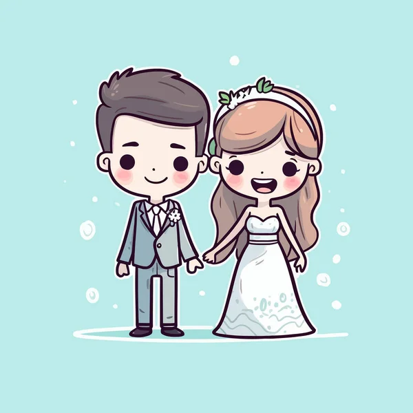 Linda Boda Kawaii Chibi Mascota Vector Dibujos Animados Estilo Matrimonio — Vector de stock