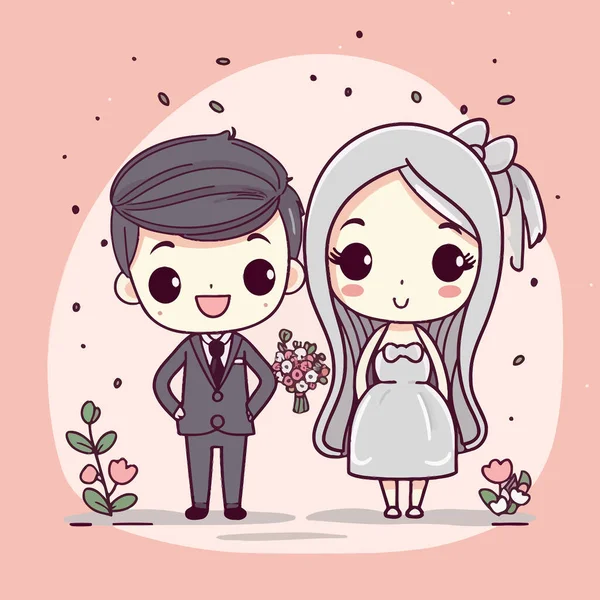 かわいいかわいい結婚式ちびマスコットの漫画スタイルの結婚式 — ストックベクタ