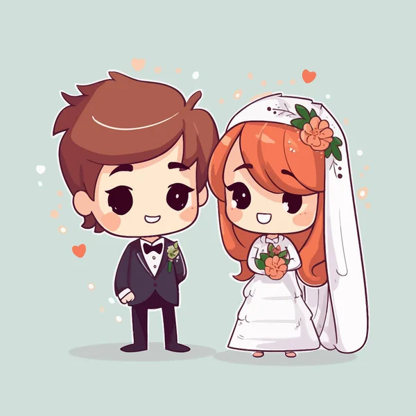 Carino Kawaii Matrimonio Chibi Mascotte Vettore Stile Cartone Animato Matrimonio — Vettoriale Stock