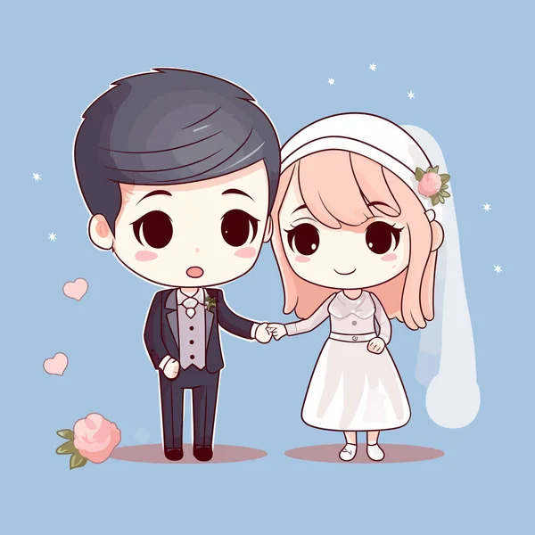 Carino Kawaii Matrimonio Chibi Mascotte Vettore Stile Cartone Animato Matrimonio — Vettoriale Stock