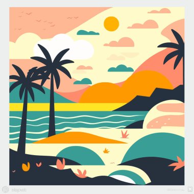 Bir dizi deniz manzarası düz sahne vektör illüstrasyon tasarımı