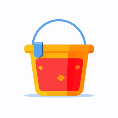 Oyuncaklar plaj için plastik kovaya ve kepçeye konur.