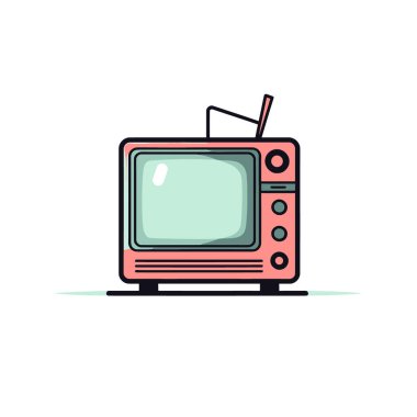 Retro TV hazır. Düz turuncu renkli televizyon, beyaz arkaplanda izole edilmiş anten simgesi işareti var. Vektör stok illüstrasyonu