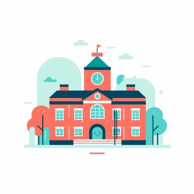 İzole okul binası. Çim ve bulutlar ile manzara. Kentsel dış.