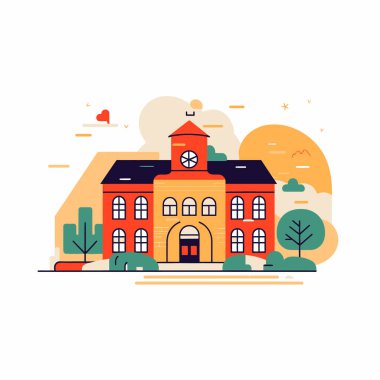 İzole okul binası. Çim ve bulutlar ile manzara. Kentsel dış.