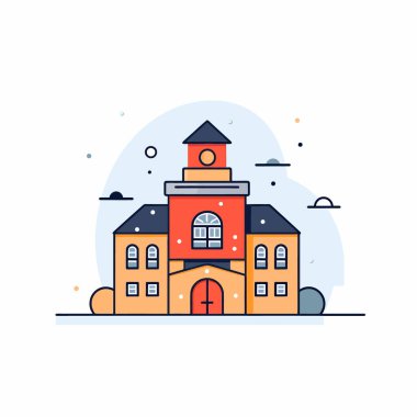 İzole okul binası. Çim ve bulutlar ile manzara. Kentsel dış.