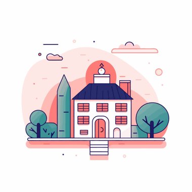 İzole okul binası. Çim ve bulutlar ile manzara. Kentsel dış.