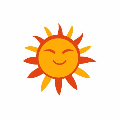 Beyaz arkaplanda izole edilmiş komik güneş ikonu çizimi. Düz stil. Vektör şablonu