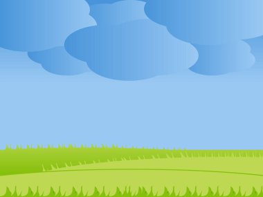 Açık mavi gökyüzünün altındaki açık yeşil çimen tarlası. İlkbahar, yaz ve açık hava temaları için mükemmel doğal bir arka plan. Tasarım, web, afiş ve doğayla ilgili içerik için ideal