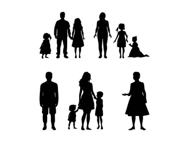 Günlük aktivitelerde insan ve aile siluetlerinin çok yönlü vektör koleksiyonu. Yaratıcı projelerde yaşam tarzı, toplum, ebeveynlik ve insan ilişkileri temaları için mükemmel.