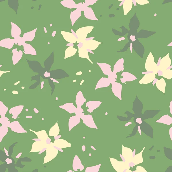 Nahtlose Doodle Blumen Und Punktmuster Auf Grünem Hintergrund Grußkarte Oder — Stockvektor
