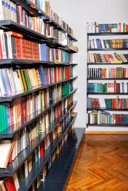 Books are located on the bookshelves of the spacious library hall. Vertical image. Copy space. 01.26.2023. Kyiv. Ukraine.