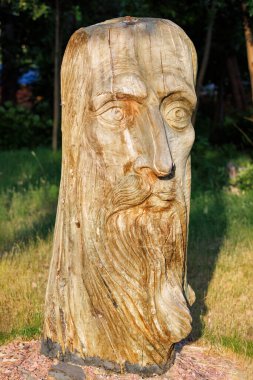 Carved wooden statue of the head of an ancient elderly man in the sun on a blurred background of a green park. Vertical image. 06.19.2022. Kyiv. Ukraine.