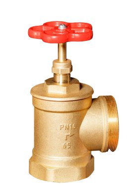 Metal brass valve isolated on a white background, have a classic design with a lever for regulating the flow of water. The photo is detailed and can be used for advertising and industrial themes. clipart
