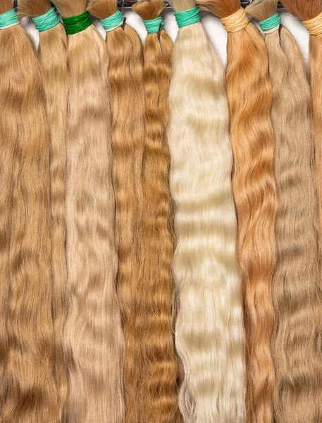 Natural wavy straw colored human hair in various shades in bundles for extensions and making wigs. Vertical image. closeup.