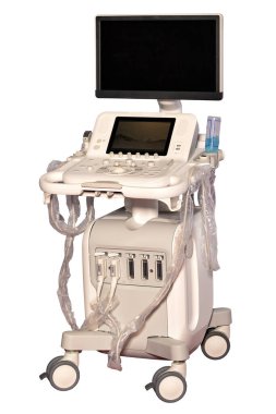 Her türlü klinik takip muayenesi için yeni dijital ve donanım teknolojileri koleksiyonuna sahip uzman sınıf bir sabit ultrason tarayıcı. Resim beyaz bir arkaplanda izole edilmiştir.