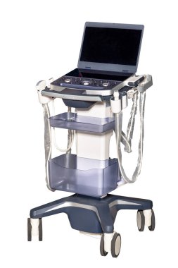 Ultrason tanı sistemi vücudun farklı bölümlerinin görüntülerini elde etmek için çok çeşitli ekstrakporeal prosedürler uygulamak üzere tasarlanmıştır. Resim beyaz bir arkaplanda izole edilmiştir.