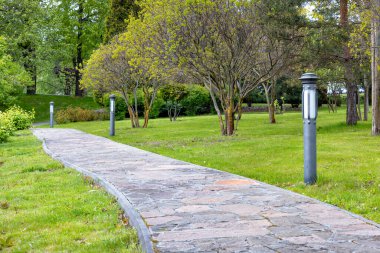 Dikey lambalarla çerçevelenmiş bir bahçe taşı yolu bir bahar bahçesi ve çimenli yeşil bir çayırdan geçer. Boşluğu kopyala.