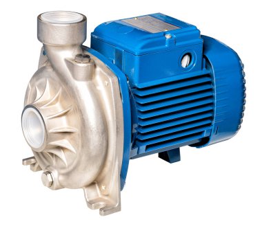 Otomatik su tedarik sistemleri için açık iticili su santrifüj monoblock pompası. Bu da yoğun kirlenmiş sıvıların pompalanmasına izin veriyor. Resim beyaz bir arkaplanda izole edilmiştir.