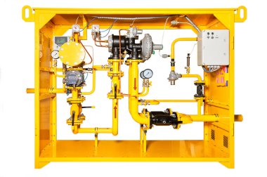 The gas control station provides gas pressure reduction and outlet pressure support and monitors key parameters such as gas flow, temperature, filter clogging status. The image is isolated on a white background. clipart