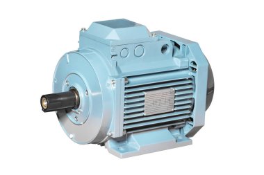 Gri renkli güçlü durağan asonkronize elektrikli motor. Beyaz bir arkaplanda izole edilmiş.