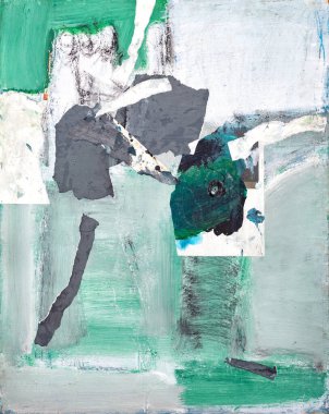 Abstract colored background from painted patches in green, blue, white and gray colors of oil paint on canvas.