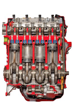 Bir kesitsel görünüm, bir motor bloğunun karmaşıklığını, pistonları, krank milini ve diğer mekanik bileşenleri vurgular. Canlı renkler, karmaşık tasarım ve mühendisliği geliştirir..