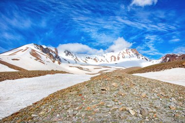 Karla kaplı zirveler görkemli bir şekilde yükselir, toprak ve kaya parçalarıyla süslenir. Masmavi bir gökyüzü uzanıyor, yumuşak bulutlarla kaplı, bu dağlık arazide sakin bir zemin oluşturuyor..