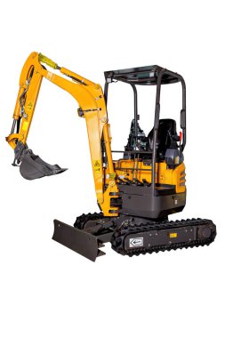 Bir inşaat sahasında faaliyete hazır parlak sarı bir kazıcı var. Makine güneşin altında parıldıyor, modern tasarımı ve sağlam özelliklerini sergiliyor..