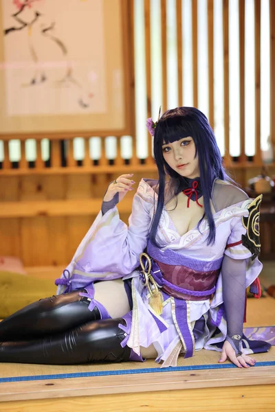 Porträt Einer Schönen Jungen Frau Spiel Cosplay Mit Samurai Kleid — Stockfoto