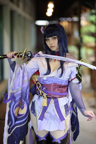 Portrait Beautiful Young Woman Game Cosplay Samurai Dress Costume Japanese — Stock Photo, Image
