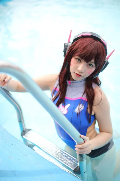 Portrait Japan Anime Cosplay Girl Swim Suit Swimming Pool — Stock Photo, Image