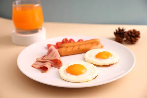 breakfast egg fried ham and sausage breakfast in studio shooting