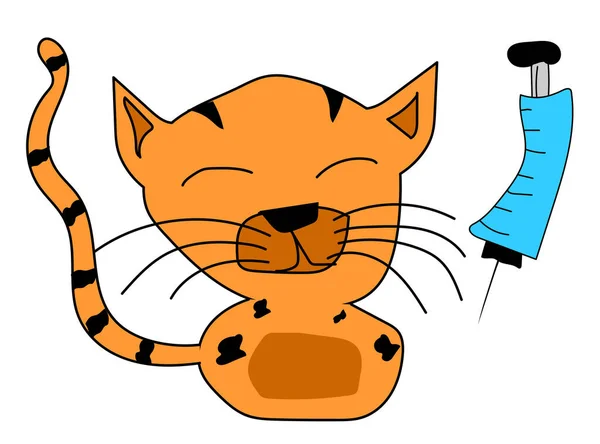猫は注射器を持っている 獣医学の概念のためのベクトルデザイン — ストックベクタ