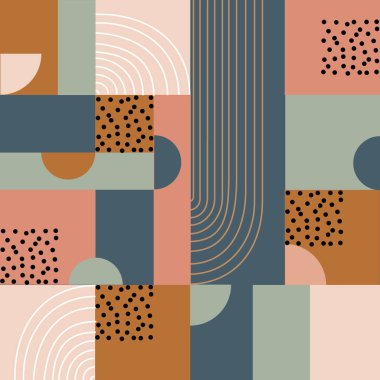 Geometri basit şekilleri, çizgileri ve şekilleri olan minimalist bir sanat posteridir. Markalaşma, web afişi, iş, moda, kumaş üzerine baskı için İskandinav tarzı soyut vektör tasarım şablonu